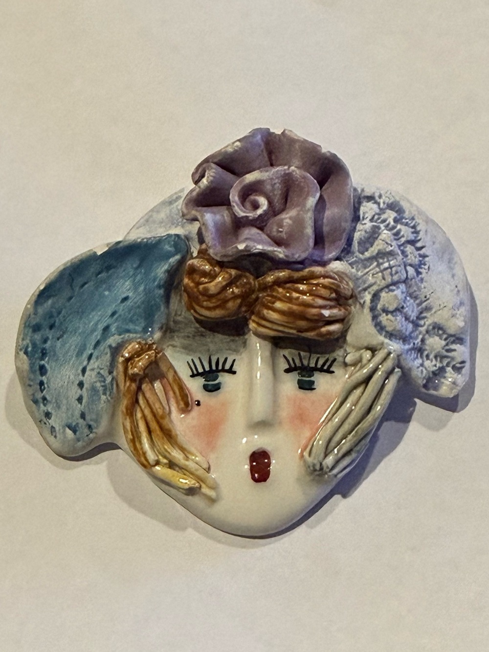 GANZ Ceramic Face Brooch in Blue, Lavender and Gold